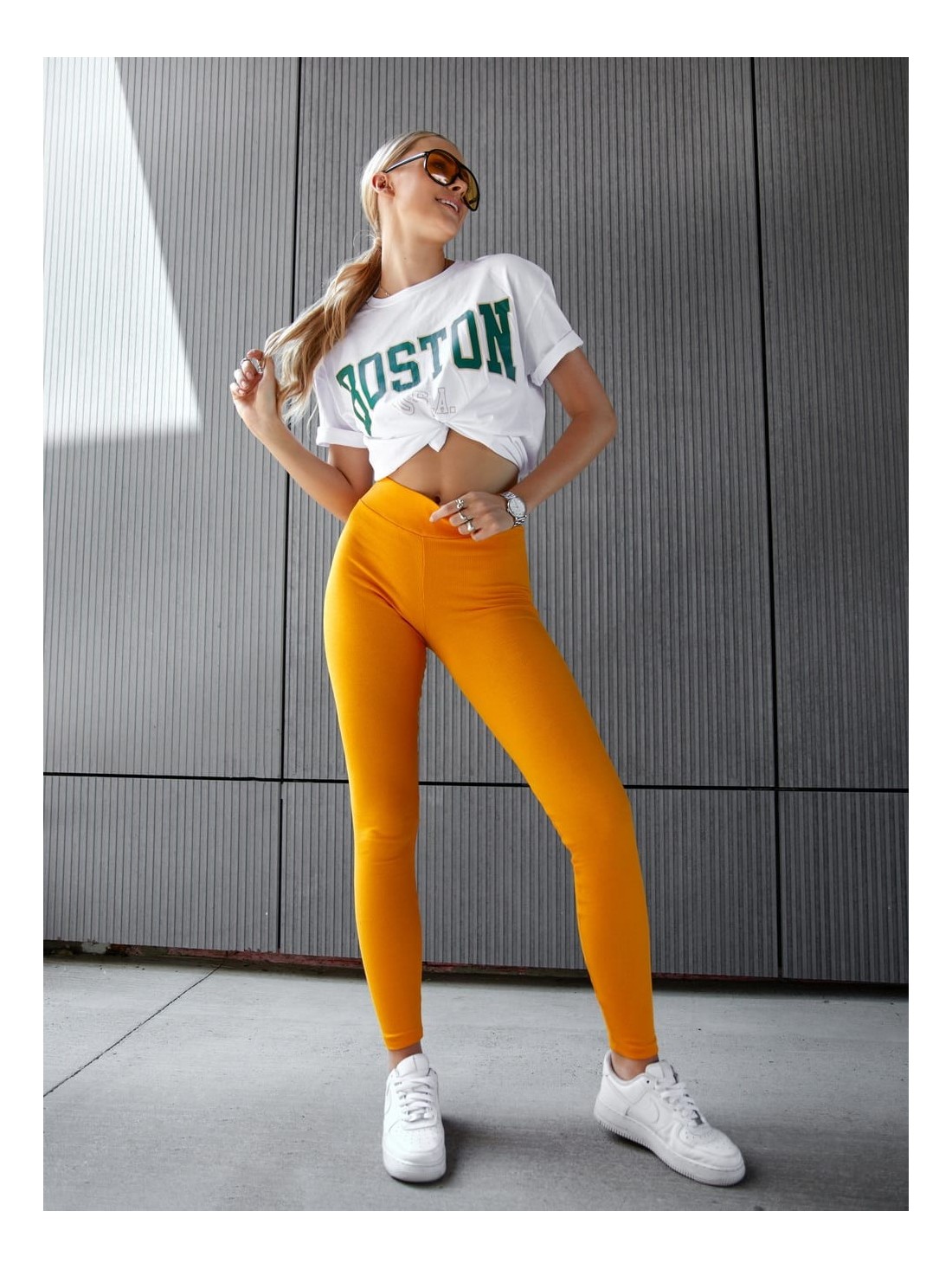 Ribbed women\'s leggings made of mustard cotton TS10 - Online store - Boutique